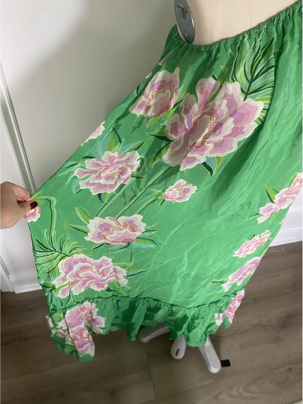 Farm Rio - Elegant Floral Satin Maxi Dress, Green & Pink, size S - Picture 7 of 11
